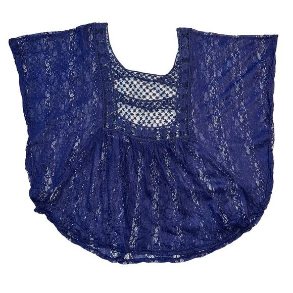 Deb Poncho Blouse Top Blue Wide Cut Lace Accent Cutout Back XL - Picture 3 of 7